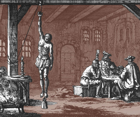 Geleyn Corneliss being tortured while his torturers played cards illustration from Martyrs Mirror modified by Third Way Cafe
